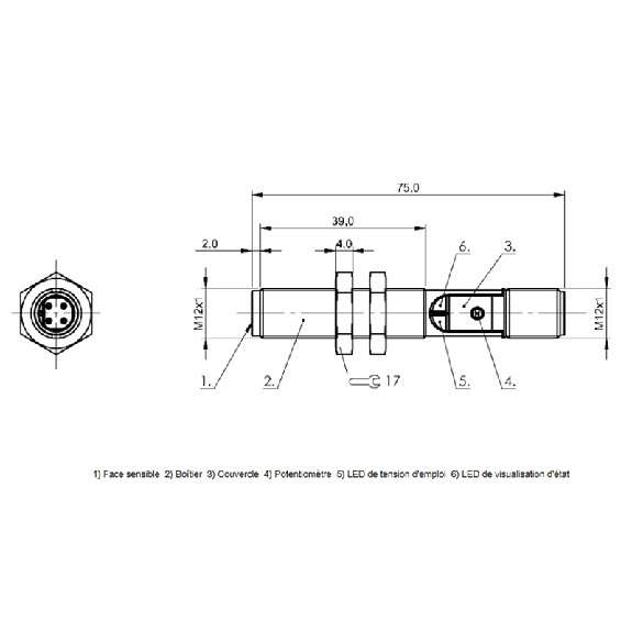 DPC M12 PNP NF P4mm noyé Pot. 75(37)mm 10-30Vdc / M12 4P DPC M12 PNP NF P4mm noyé Pot. 75(37)mm 10-30Vdc / M12 4P-Lire la description
