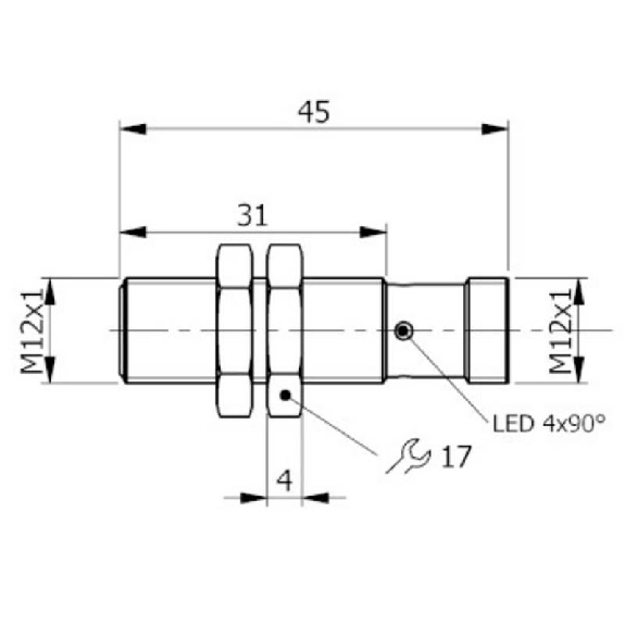 DPI M12 PNP NO P4mm noyé lg45(31)mm Inox 10-30Vdc / M12A 4P-Lire la description