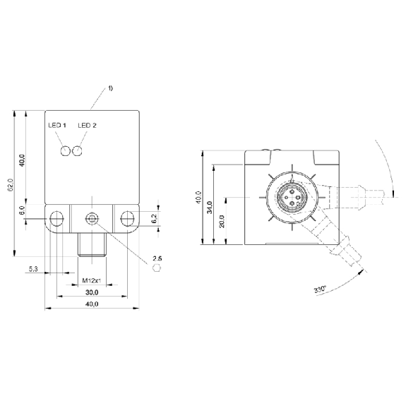 DPI Rect. PNP NO P30mm non noyé 40x40x62mm PBT / M12 4P-Lire la description