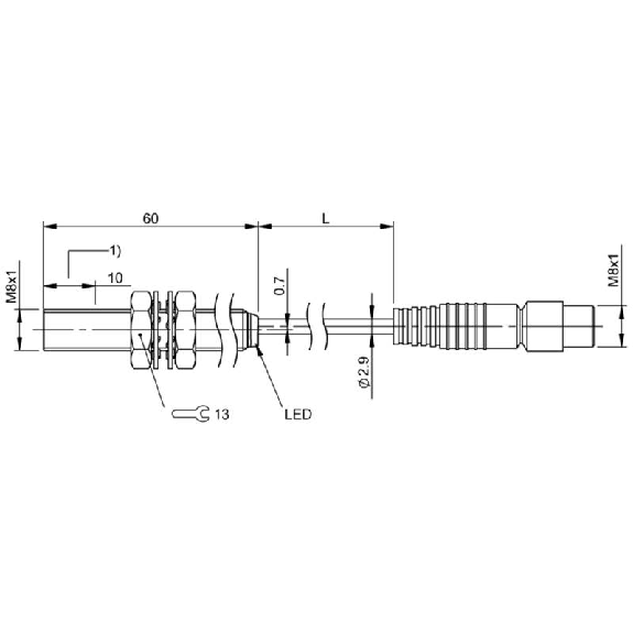 DPI M08 PNP NO P4mm quasi noyé lg60mm Laiton 10-30Vdc / M08 3P+C0.3m-Lire la description