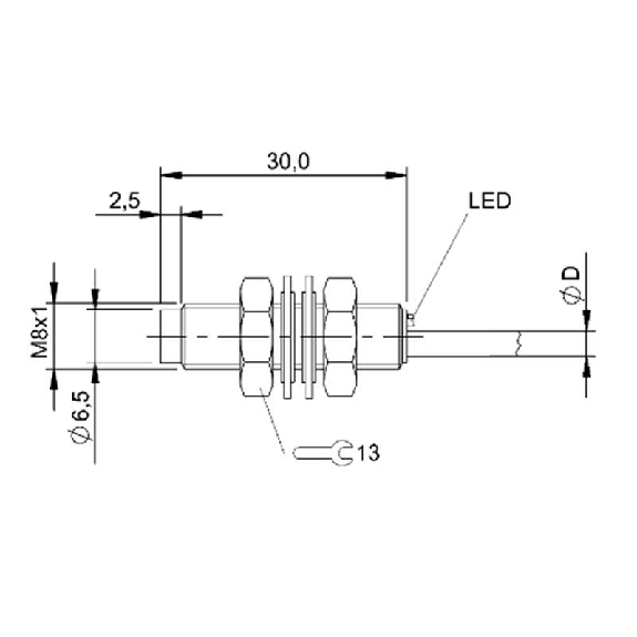 DPI M08 PNP NO P2,5mm non noyé lg30(27,5)mm Inox / Câble 2m PUR-Lire la description