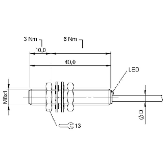 DPI M08 2 fils DC NO P2mm noyé lg40mm Laiton 10-36Vdc / Câble 2m PVC-Lire la description