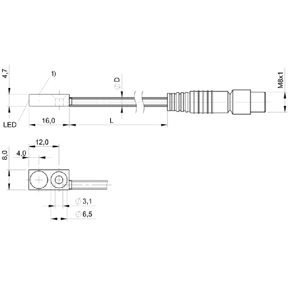 DPI Rect. PNP NO P2mm noyé 8x4.7x16mm Laiton / M08 3P+C0.2m Silicone-Lire la description