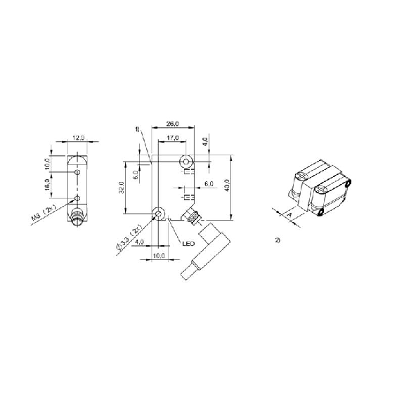 DPI Rect. PNP NO P4mm noyé 26x40x12mm 10-30Vdc / M08 3P-Lire la description