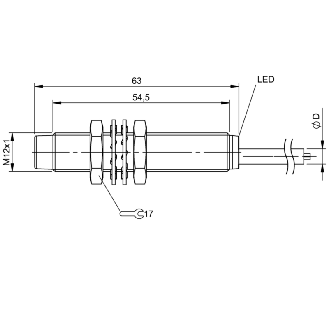 DPI M12 PNP NF P4mm non noyé lg63(54,5)mm Inox / Câble 5m PVC-Lire la description