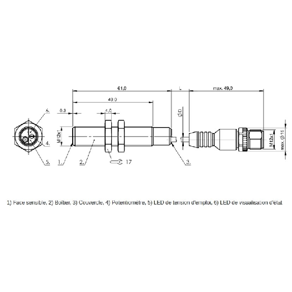 DPC M12 PNP NO P4mm noyé lg61(49)mm Inox / M12 4P+C0.3m PUR-Lire la description