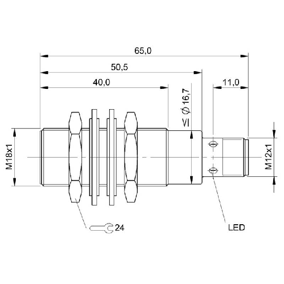 DPI M18 PNP NO P5mm noyé lg65(40)mm Laiton 10-30Vdc / M12 4P-Lire la description