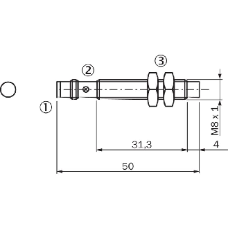 DPI M08 PNP NF P4mm non noyé lg50(31.3)mm Laiton 10-30Vdc / M08 3P-Lire la description