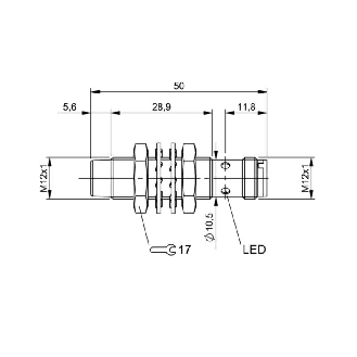 DPI M12 PNP NO P4mm non noyé lg50(28,9)mm Laiton 10-30Vdc / M12 4P-Lire la description