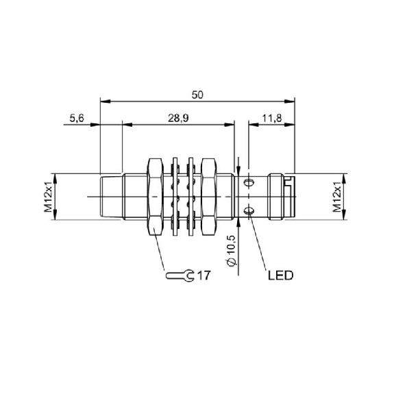 DPI M12 PNP NO P4mm non noyé lg50(28,9)mm Laiton 10-30Vdc / M12 4P-Lire la description