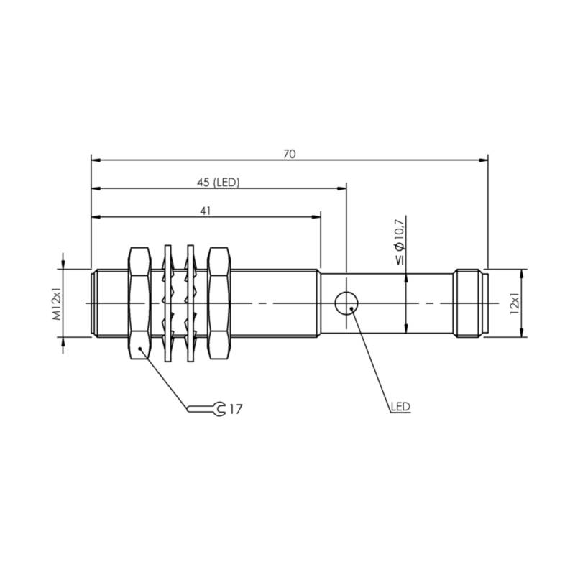 DPI M12 2 fils DC NO P2mm noyé lg70(45)mm Inox / M12 4P-Lire la description
