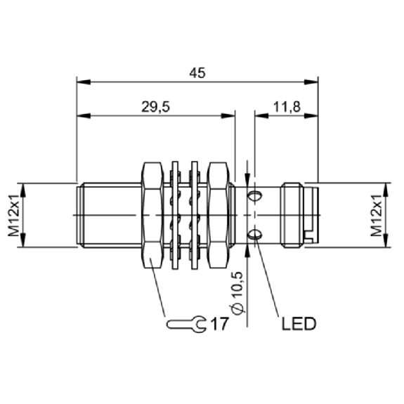 DPI M12 PNP NF P2mm noyé lg45(29,5)mm Laiton 10-30Vdc / M12 4P-Lire la description