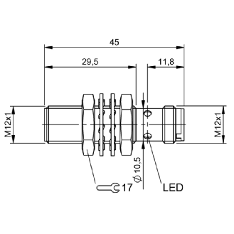 DPI M12 PNP NF P2mm noyé lg45(29,5)mm Laiton 10-30Vdc / M12 4P-Lire la description