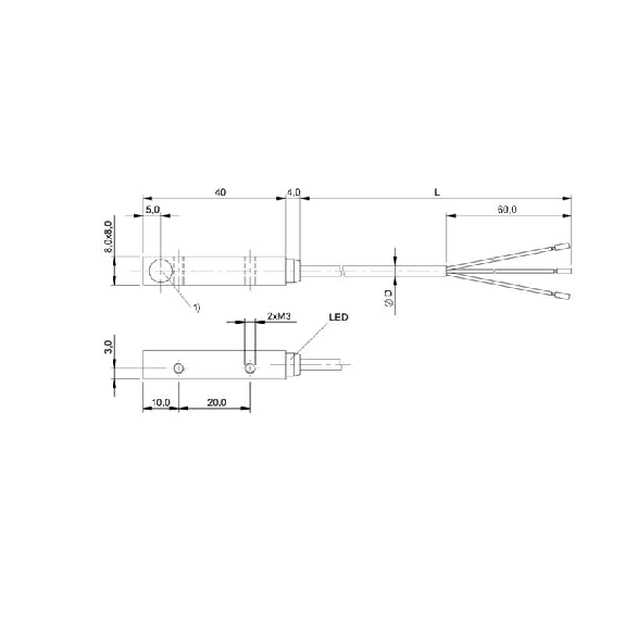DPI Rect. PNP NO P1,5mm noyé 8x8x40mm Zinc 10-30Vdc / Câble 2m PUR-Lire la description