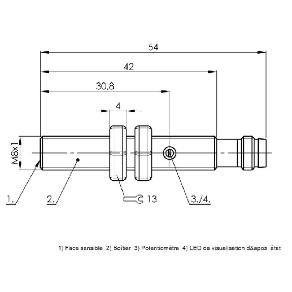 DPC M08 PNP NO P1,5mm noyé lg54(42)mm Inox 11-30Vdc / M08 3P-Lire la description