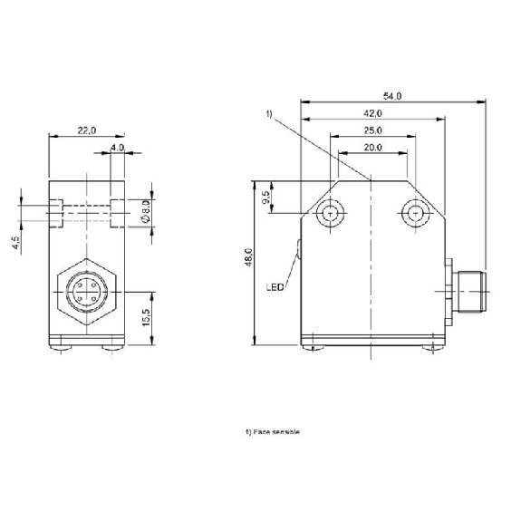 DPI Rect. PNP NO P5mm noyé 42x48x22mm Alu 10-30Vdc / M12 4P-Lire la description