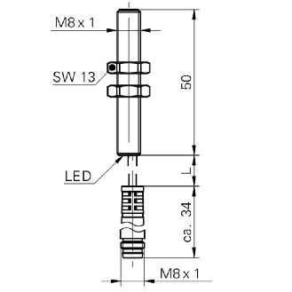 DPI M08 NPN NF P2mm noyé lg50mm 10-30Vdc / M08 3P+C0.2m-Lire la description