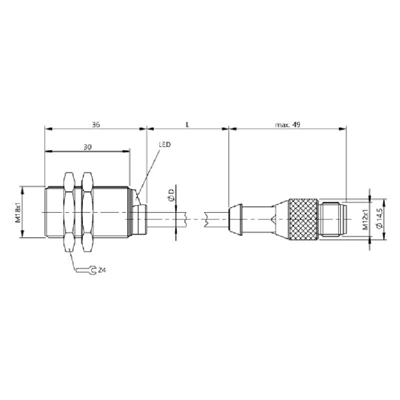 DPI M18 ANA 0-10V P1-5mm noyé lg36mm Laiton / M12 4P+C1.5m PUR-Lire la description