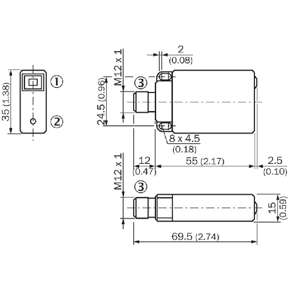DPC Rect. NPN NO+NF P25mm non noyé Pot. 35x69.5x15mm / M12 4P-Lire la description