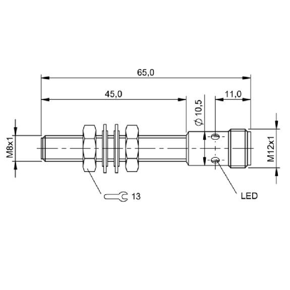 DPI M08 NPN NF P2mm noyé lg65(50)mm Laiton 12-30Vdc / M12 4P-Lire la description