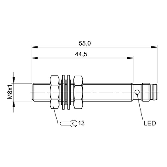 DPI M08 PNP NF P2mm noyé lg55(44.5)mm Inox 10-30Vdc / M08 3P-Lire la description