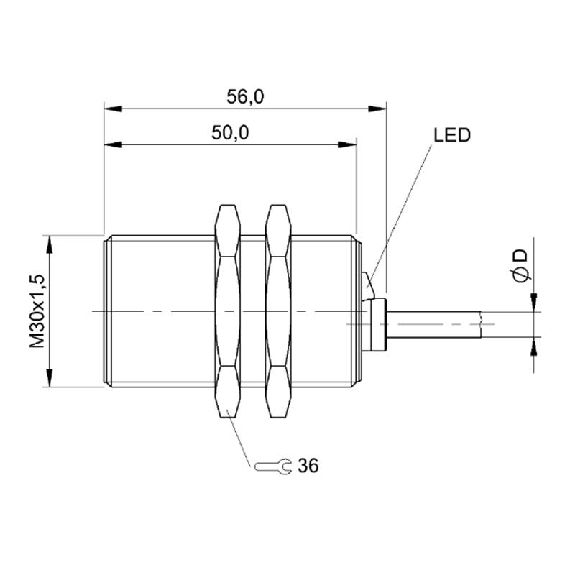 DPI M30 PNP NO P10mm noyé lg56mm Laiton 12-30Vdc / Câble 5m PVC-Lire la description