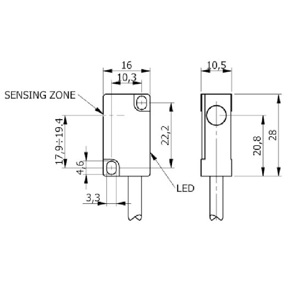 DPI Rect. NPN NF P2mm noyé 10x28x16mm Plast. 6-30Vdc / Câble 2m-Lire la description