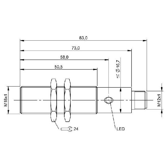 DPI M18 PNP NO+NF P8mm noyé lg83(50.5)mm Laiton 10-55Vdc / M12 4P-Lire la description