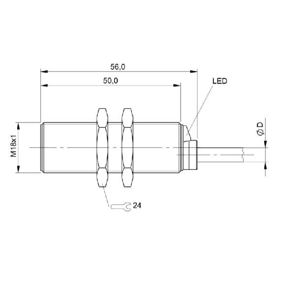 DPI M18 PNP NO P5mm noyé lg56mm Laiton 12-30Vdc / Câble 2m PVC-Lire la description