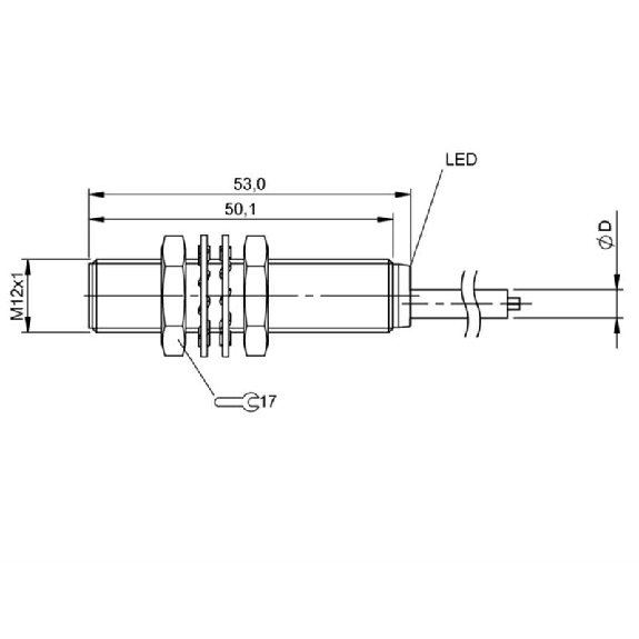 DPI M12 PNP NO P4mm noyé lg53mm Laiton 10-30Vdc IP68 / Câble 10m PVC-Lire la description
