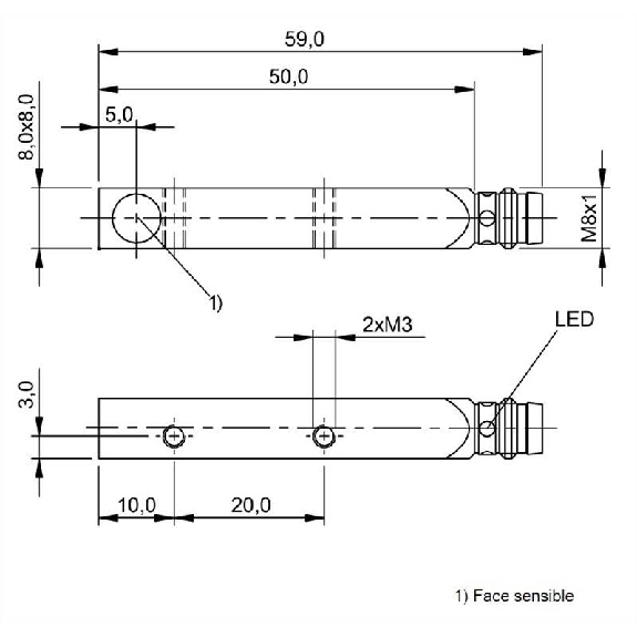 DPI Rect. PNP NF P2mm noyé 8x8x59mm Zinc 10-30Vdc / M08 3P-Lire la description