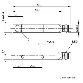 DPI Rect. PNP NF P2mm noyé 8x8x59mm Zinc 10-30Vdc / M08 3P-Lire la description