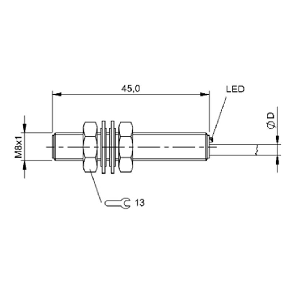 DPI M08 NPN NO P1,5mm noyé lg45mm Inox 10-30Vdc / Câble 5m PUR-Lire la description