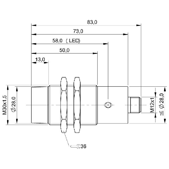 DPI M30 PNP NO P15mm lg83(37)mm Inox / M12 4P-Lire la description