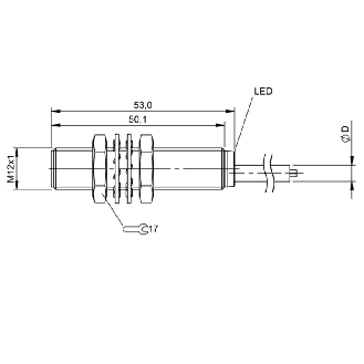 DPI M12 PNP NF P2mm noyé lg53mm Laiton 10-30Vdc IP68 / Câble 3m TPU-Lire la description