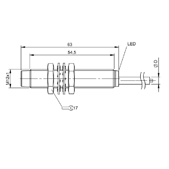 DPI M12 PNP NO P4mm non noyé lg63(54,5)mm Inox / Câble 2m PVC-Lire la description