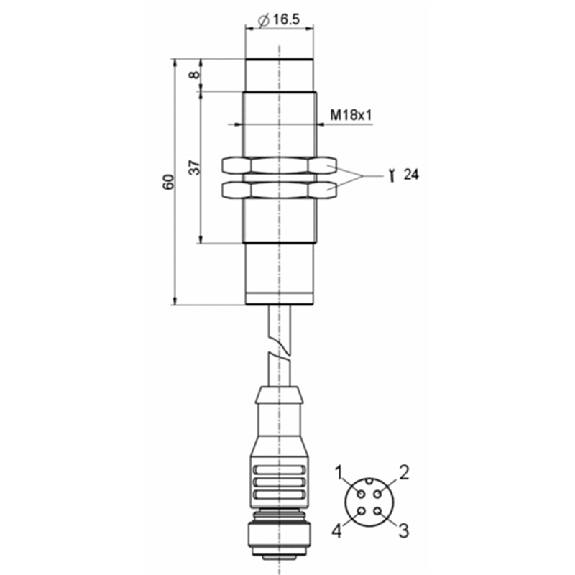 DPI M18 sans fil P8mm non noyé 60(37)mm Laiton / M12 4P+C0.5m PVC-Lire la description