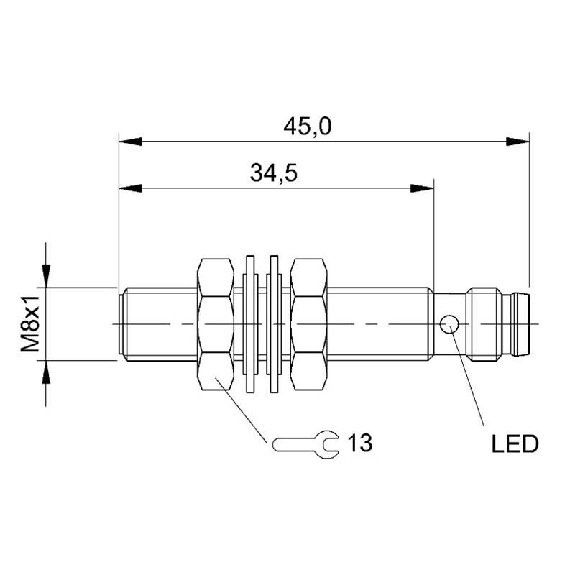 DPI M08 PNP NO P2mm noyé lg45(34,5)mm Inox 10-30Vdc / M08 3P-Lire la description