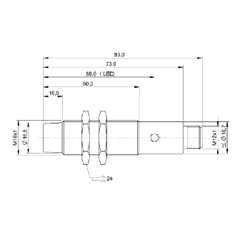 DPI M18 PNP NO+NF P8mm non noyé lg83(40)mm Inox 10-30Vdc / M12 4P-Lire la description