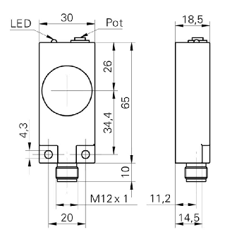 DPC Rect. NPN NO P4-15mm 65x30x18,5mm 24VDC IP65 / M12 4P-Lire la description