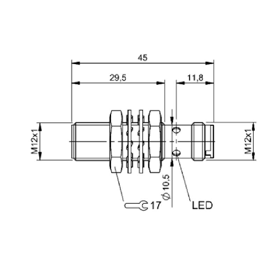 DPI M12 PNP NO P4mm noyé lg45(29,5)mm Laiton 10-30Vdc / M12 4P-Lire la description