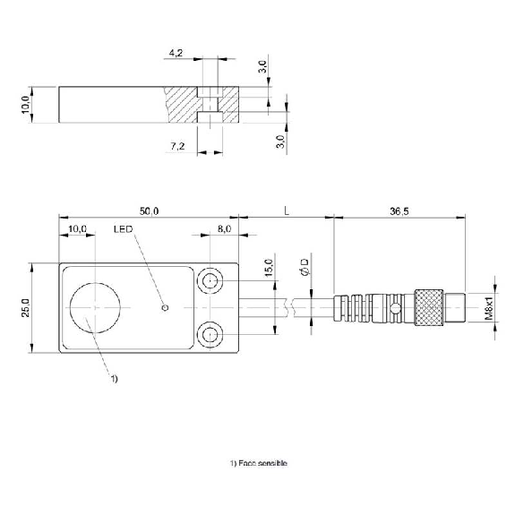 DPI Rect. PNP NO P5mm noyé 25x50x10mm Alu 10-30Vdc / M08 3P+C0.2m-Lire la description