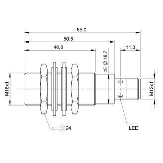 DPI M18 PNP NO P5mm noyé lg65(40)mm Laiton 10-30Vdc / M12 4P-Lire la description
