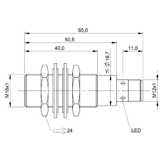 DPI M18 PNP NO P5mm noyé lg65(40)mm Laiton 10-30Vdc / M12 4P-Lire la description
