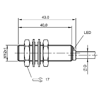 DPI M12 2 fils DC NO P3mm noyé lg40mm Laiton 10-36Vdc / Câble 2m PVC-Lire la description