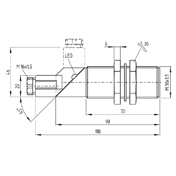 DPI M30 PNP NO/NF P15mm non noyé 118(70)mm Plast. 10-60Vdc / M16-Lire la description