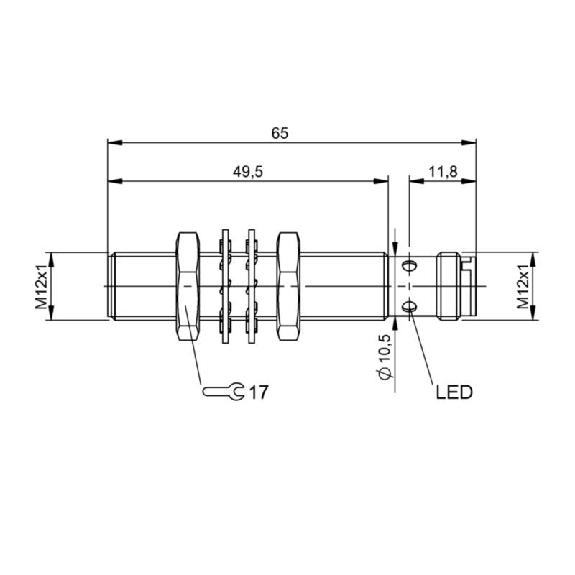 DPI M12 NPN NO P4mm noyé lg65(49.5)mm Laiton 10-30Vdc IP68 / M12 4P-Lire la description