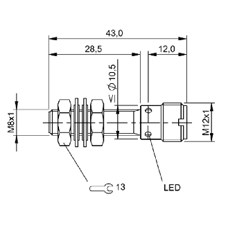 DPI M08 PNP NO P2mm noyé lg43(28,5)mm Inox 10-30Vdc / M12 4P-Lire la description