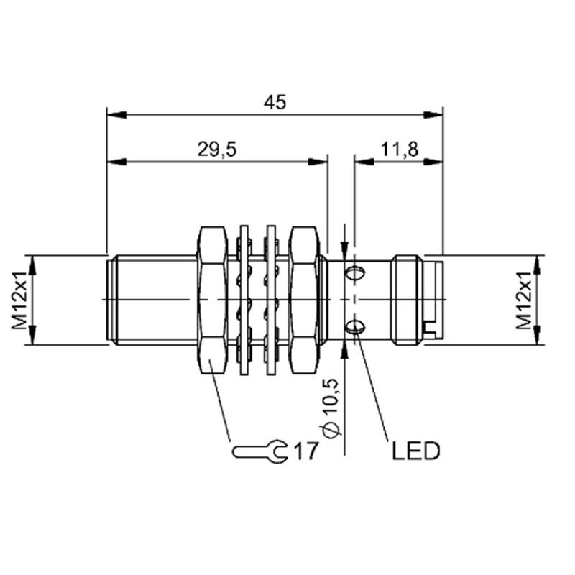 DPI M12 PNP NF P4mm noyé lg45(29,5)mm Laiton 10-30Vdc / M12 4P-Lire la description