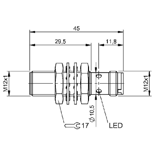 DPI M12 PNP NF P4mm noyé lg45(29,5)mm Laiton 10-30Vdc / M12 4P-Lire la description